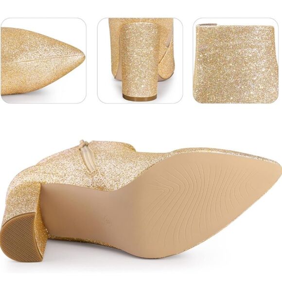 Size 7 Perphy Gold Metallic Glitter Pointed Toe Chunky Heel Ankle Boots Booties - Picture 4 of 10